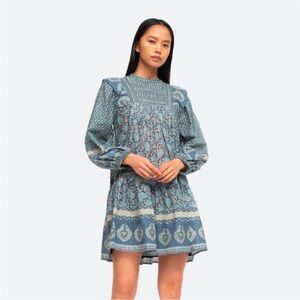Sea New York Margo Ocean Blue Multi Patterned Long Sleeve Mini Dress L Large